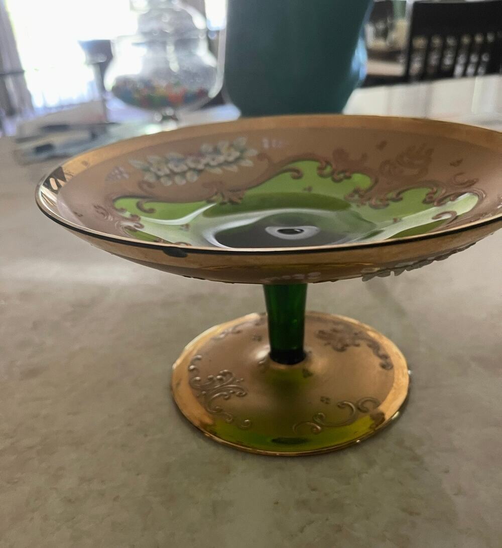 Vintage bohemian green glass candy dish platter handpainted